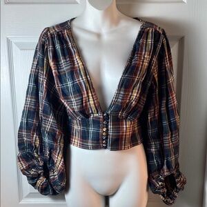 Truth NYC Blue and Orange Bishop Sleeve Crop Blouse